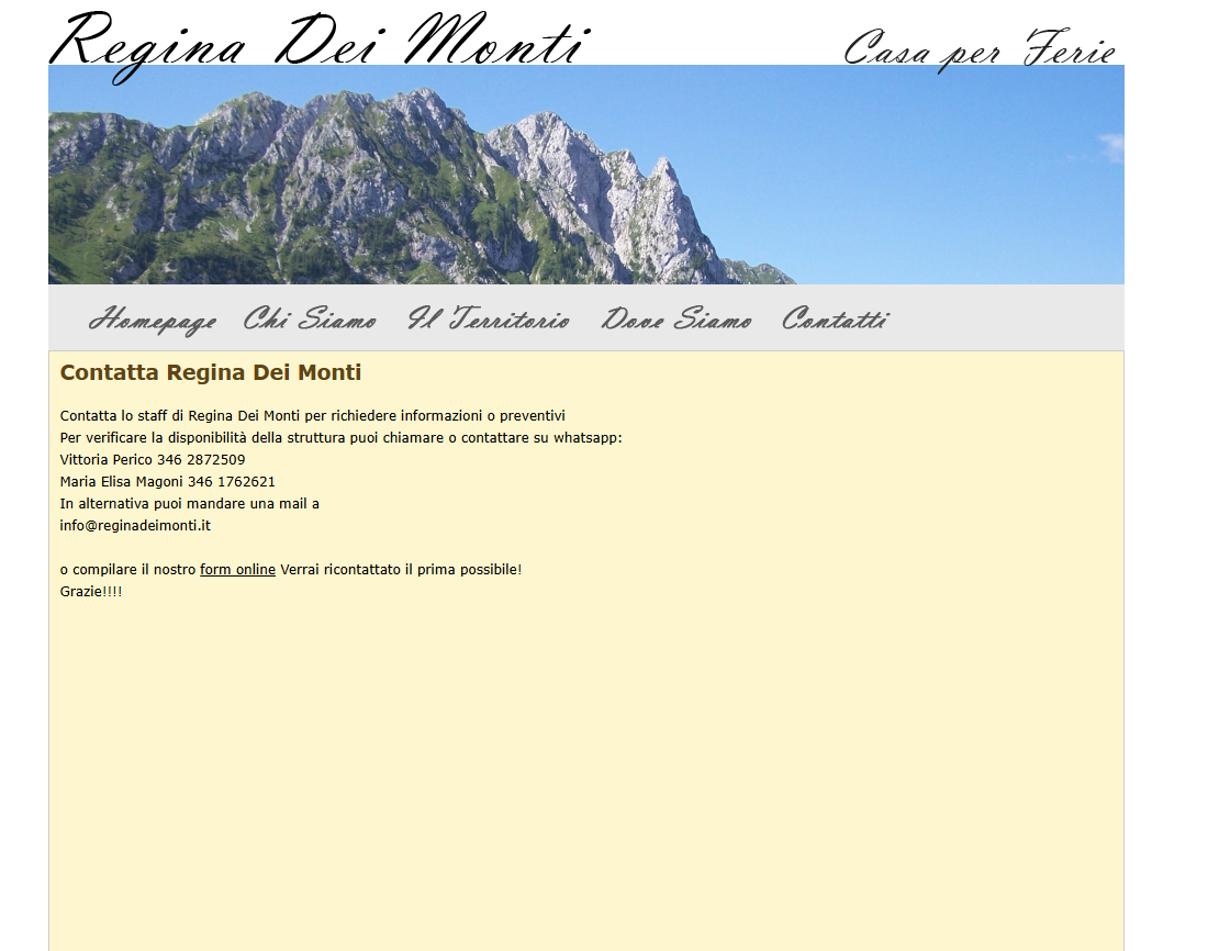 Vecchia pagina contatti di Regina dei Monti